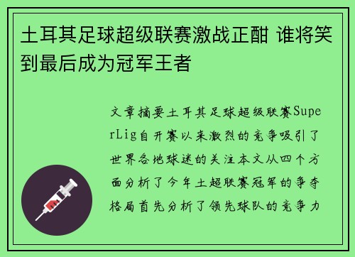 土耳其足球超级联赛激战正酣 谁将笑到最后成为冠军王者 土耳其足球超级联赛激战正酣 谁将笑到最后成为冠军王者
