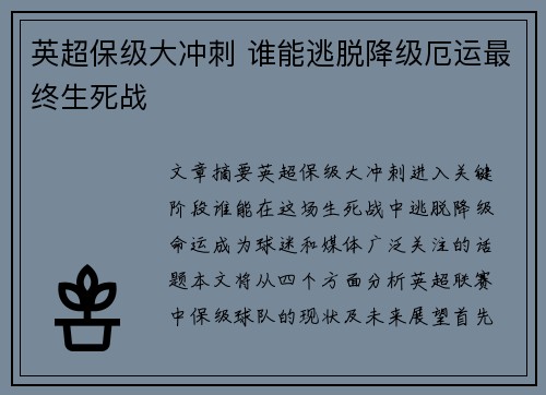 英超保级大冲刺 谁能逃脱降级厄运最终生死战 英超保级大冲刺 谁能逃脱降级厄运最终生死战